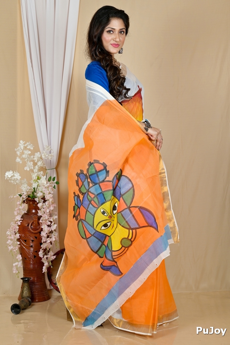 Multi-Coloured Pure Cotton Hataka Hand Painted Saree (9060)