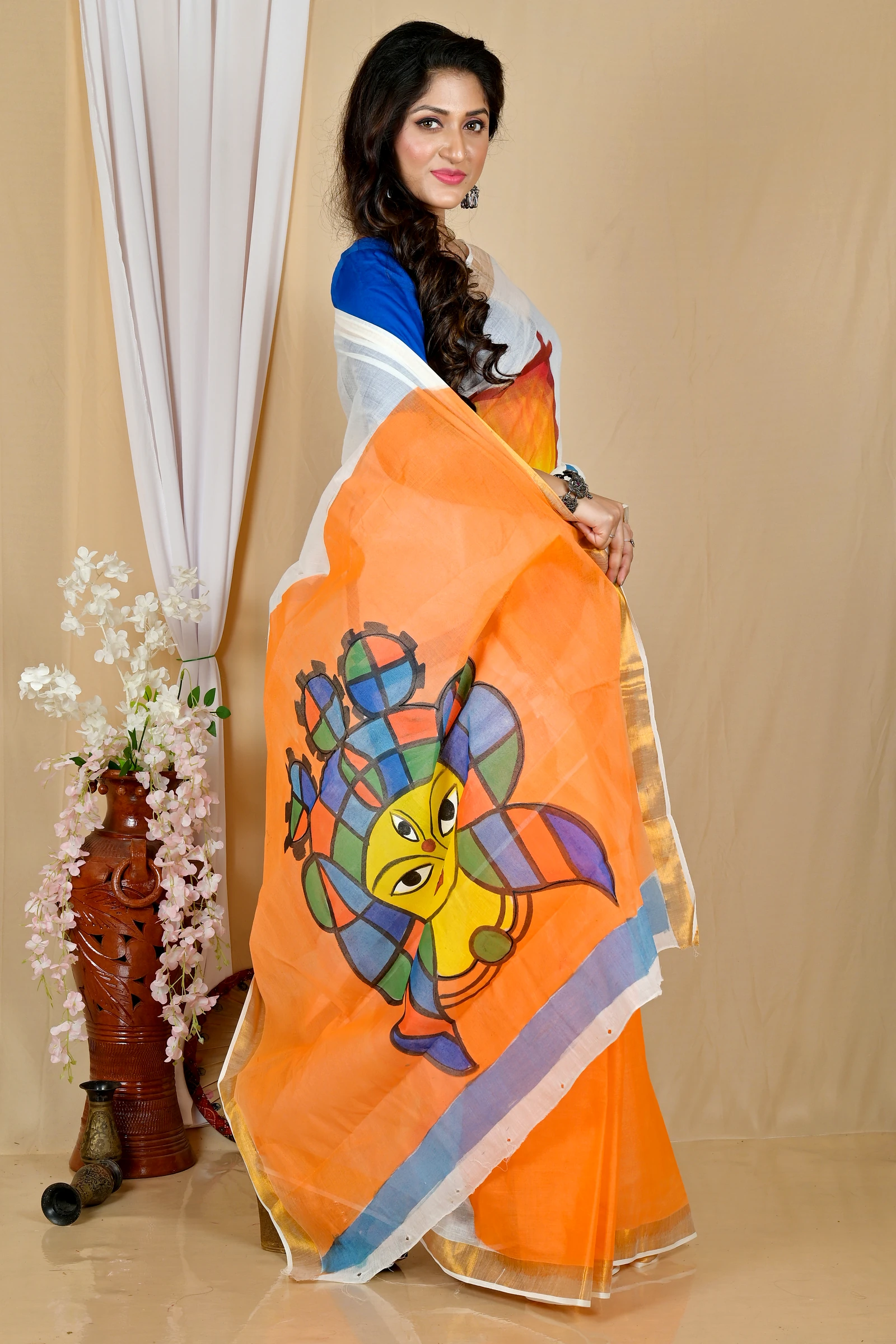 Multi-Coloured Pure Cotton Hataka Hand Painted Saree (9060)