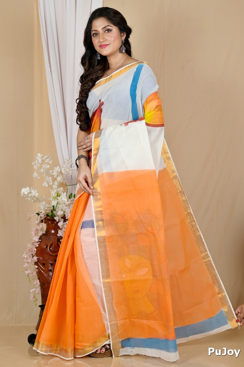 Multi-Coloured Pure Cotton Hataka Hand Painted Saree (9060)