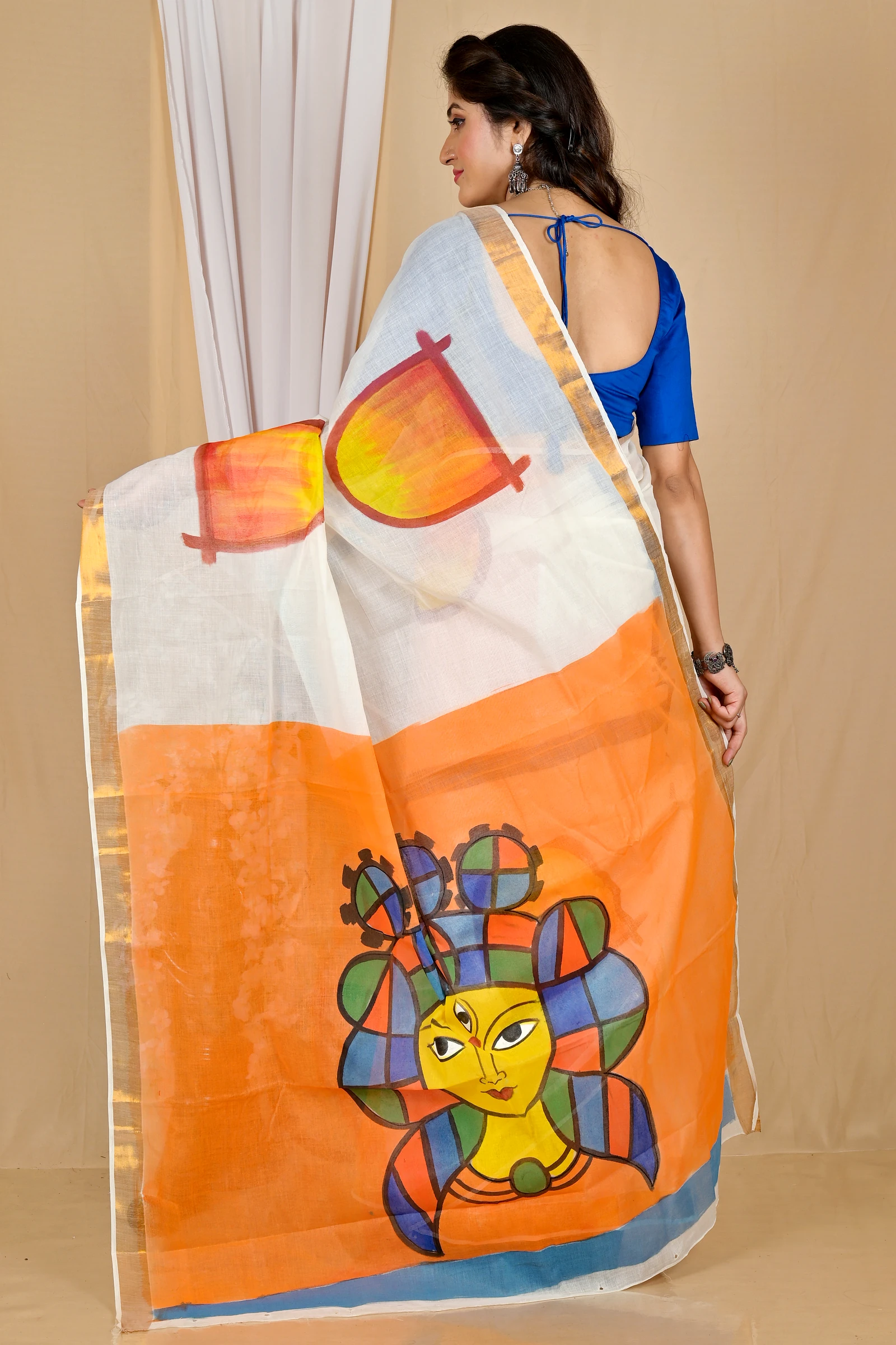 Multi-Coloured Pure Cotton Hataka Hand Painted Saree (9060)