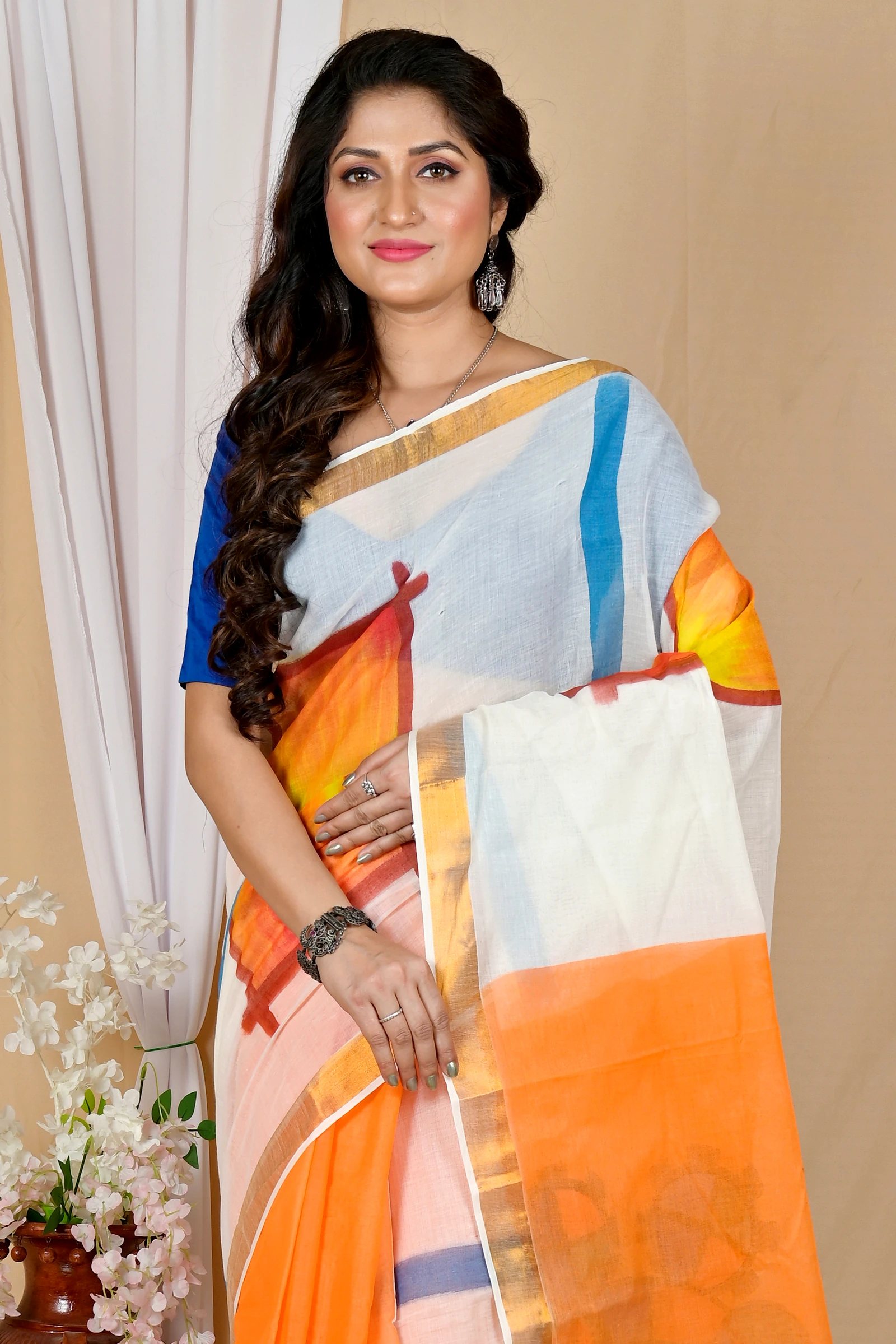 Multi-Coloured Pure Cotton Hataka Hand Painted Saree (9060)