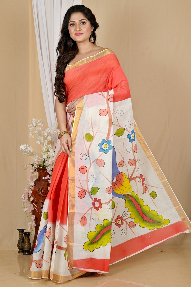 Multi-Coloured Pure Cotton Hataka Hand Painted Saree (9061)