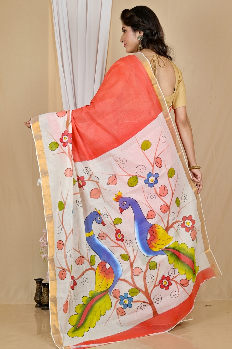 Multi-Coloured Pure Cotton Hataka Hand Painted Saree (9061)