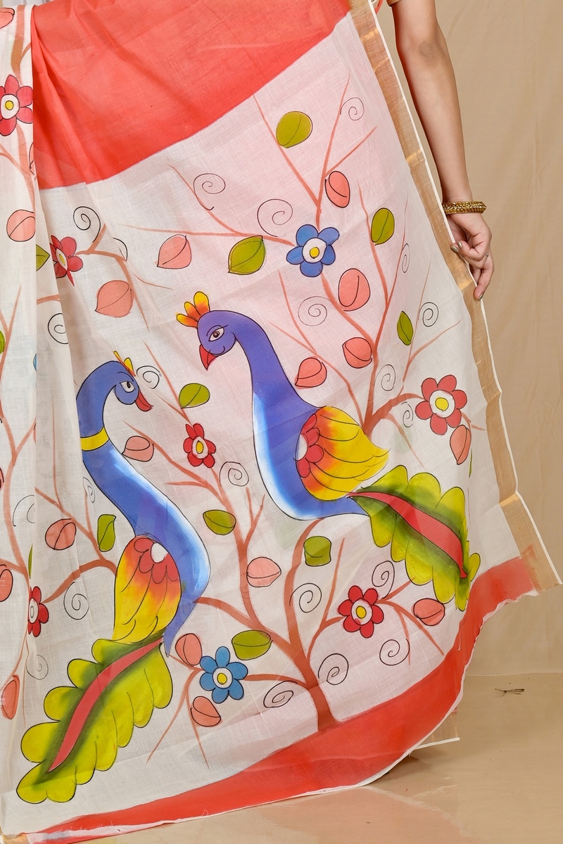 Multi-Coloured Pure Cotton Hataka Hand Painted Saree (9061)