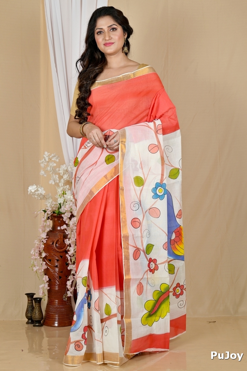 Multi-Coloured Pure Cotton Hataka Hand Painted Saree (9061)