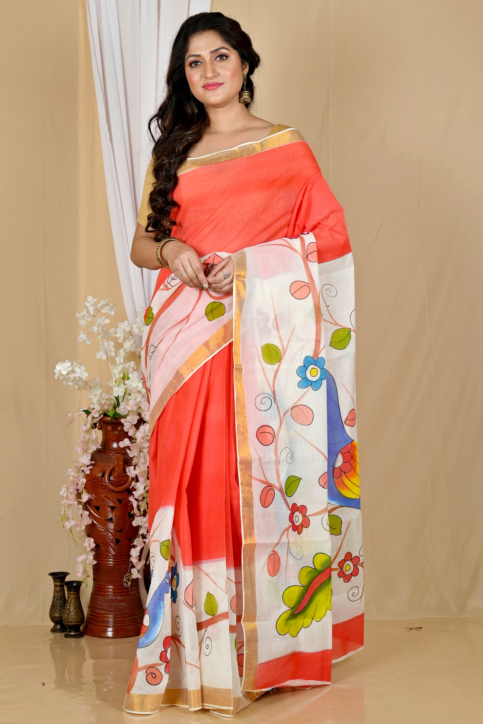 Multi-Coloured Pure Cotton Hataka Hand Painted Saree (9061)