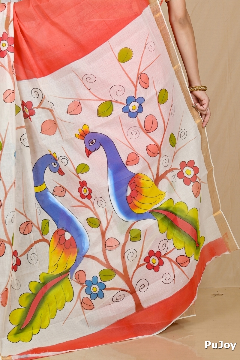 Multi-Coloured Pure Cotton Hataka Hand Painted Saree (9061)