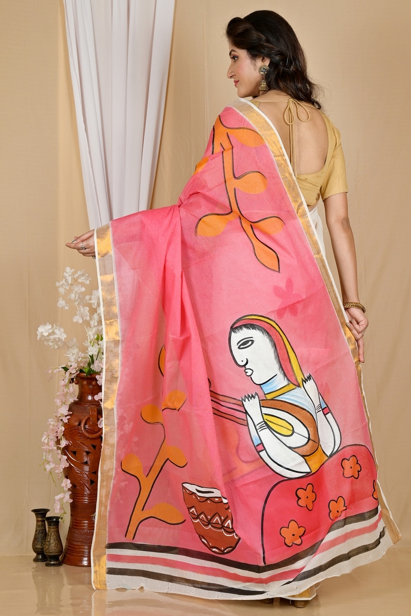 Multi-Coloured Pure Cotton Hataka Hand Painted Saree (9062)