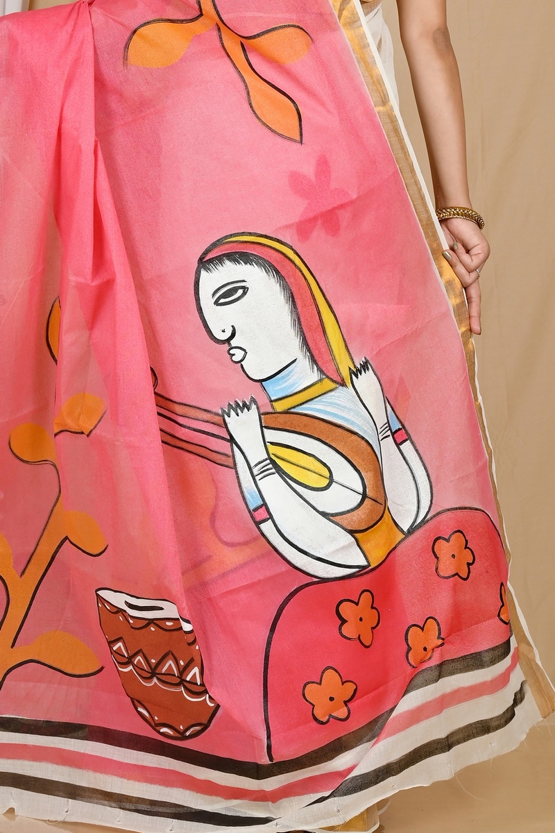 Multi-Coloured Pure Cotton Hataka Hand Painted Saree (9062)