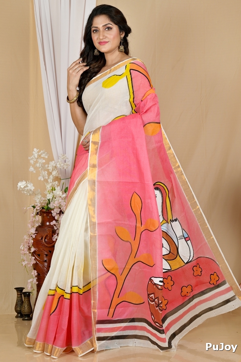 Multi-Coloured Pure Cotton Hataka Hand Painted Saree (9062)