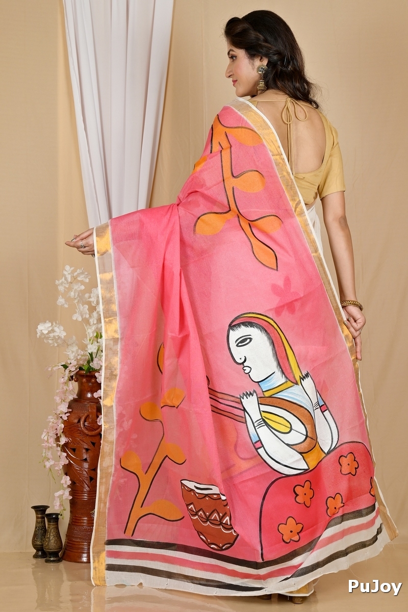 Multi-Coloured Pure Cotton Hataka Hand Painted Saree (9062)