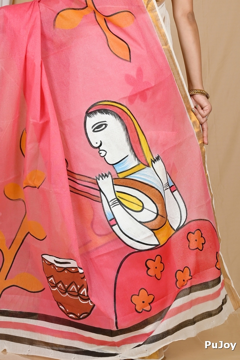 Multi-Coloured Pure Cotton Hataka Hand Painted Saree (9062)