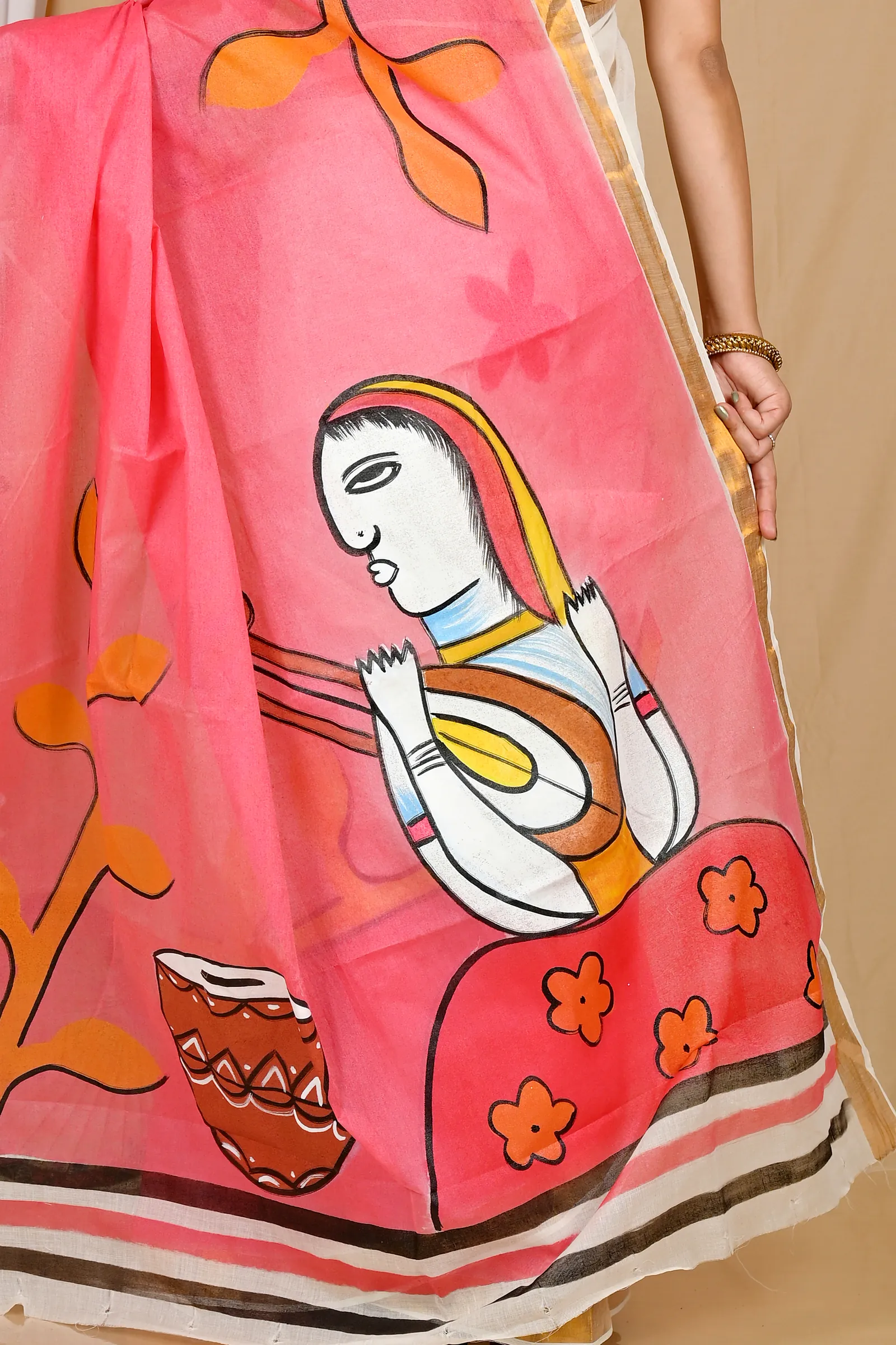 Multi-Coloured Pure Cotton Hataka Hand Painted Saree (9062)