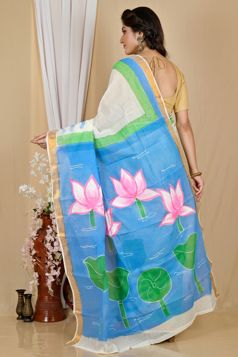 Multi-Coloured Pure Cotton Hataka Hand Painted Saree (9063)