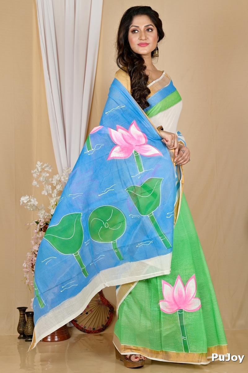 Multi-Coloured Pure Cotton Hataka Hand Painted Saree (9063)