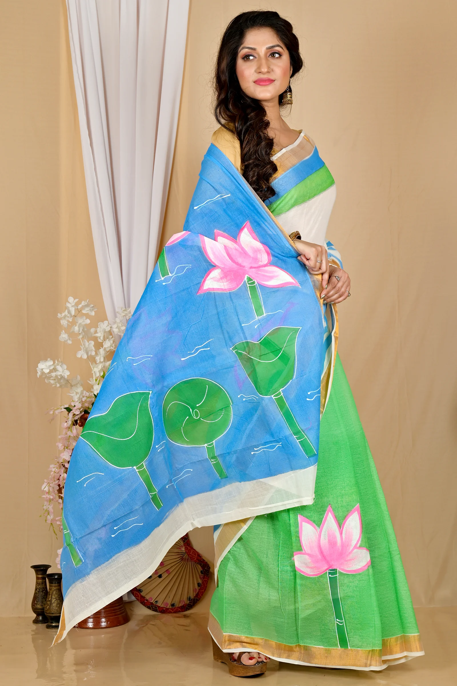Multi-Coloured Pure Cotton Hataka Hand Painted Saree (9063)