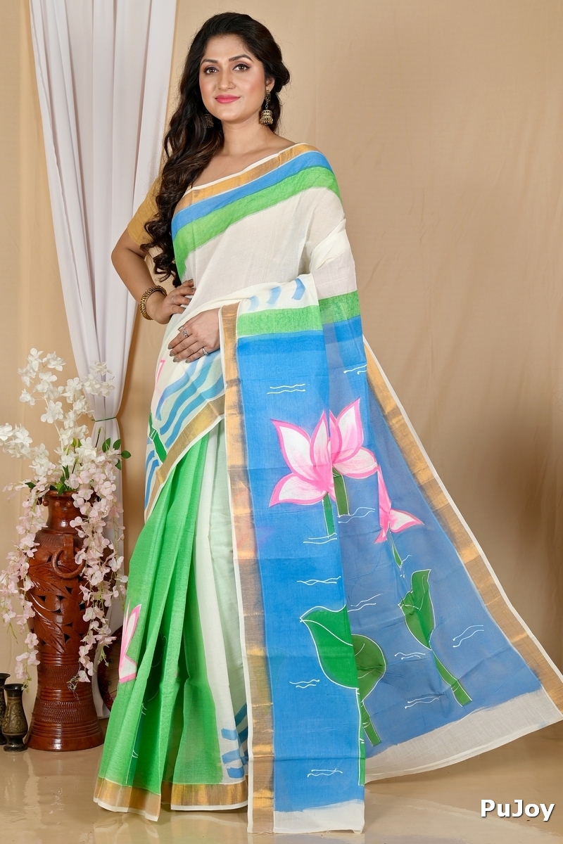Multi-Coloured Pure Cotton Hataka Hand Painted Saree (9063)