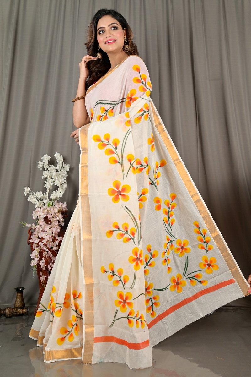 White Pure Cotton Hataka Hand Painted Saree (9064)