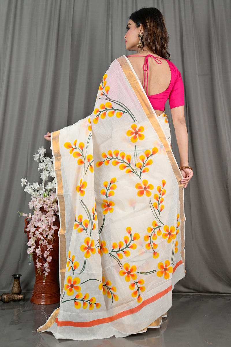 White Pure Cotton Hataka Hand Painted Saree (9064)