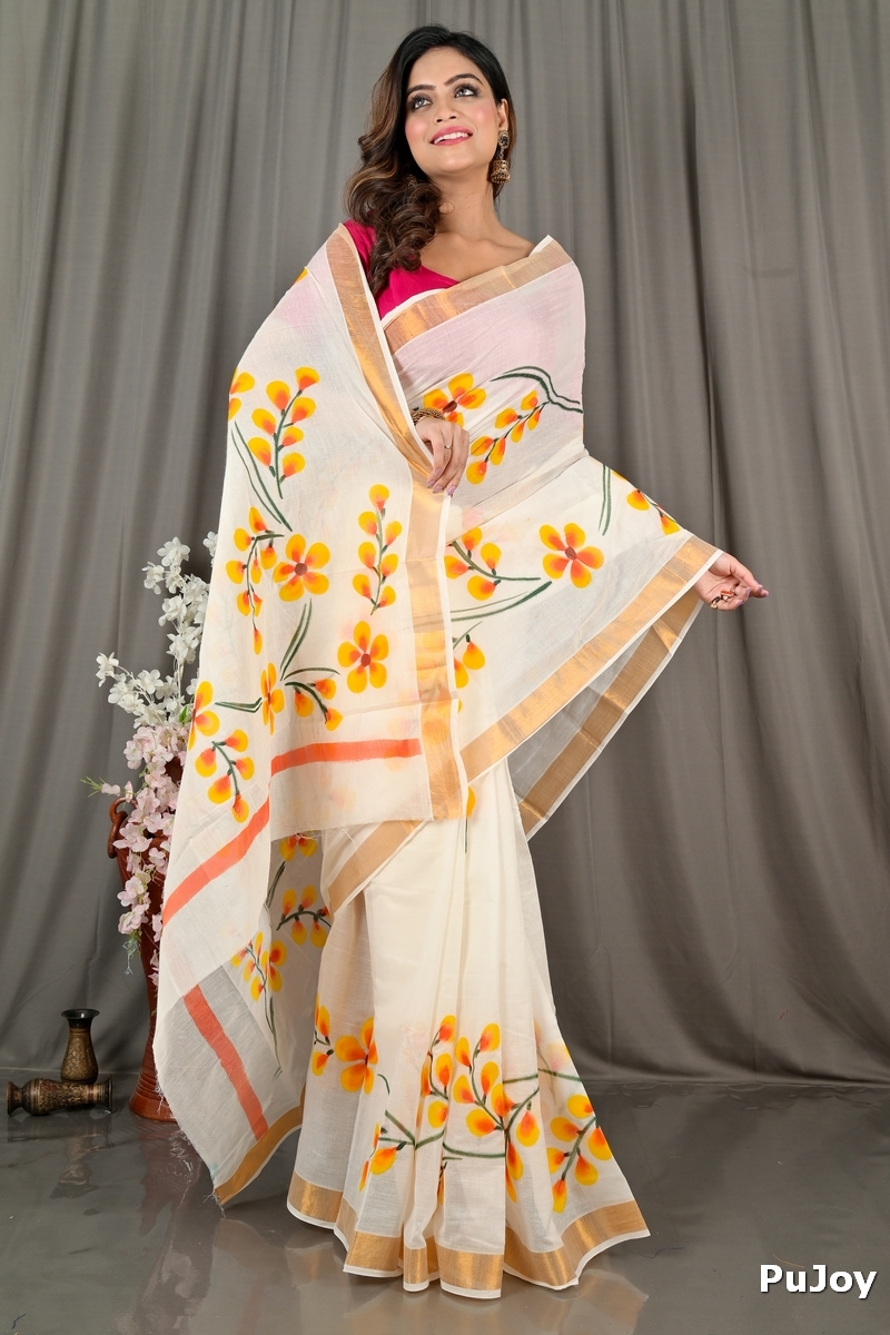 White Pure Cotton Hataka Hand Painted Saree (9064)