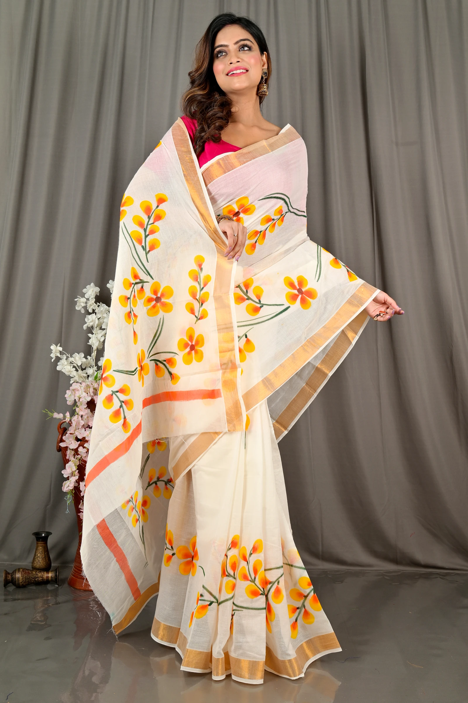 White Pure Cotton Hataka Hand Painted Saree (9064)