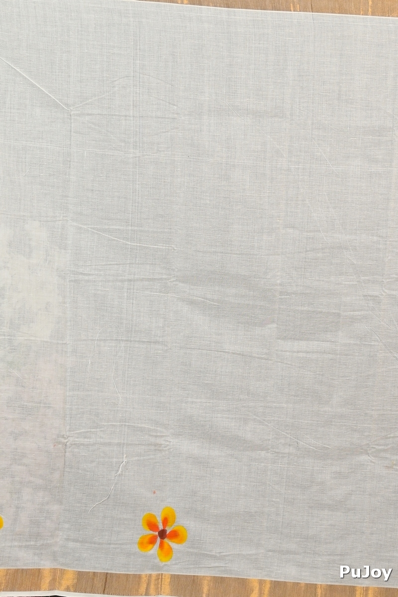 White Pure Cotton Hataka Hand Painted Saree (9064)