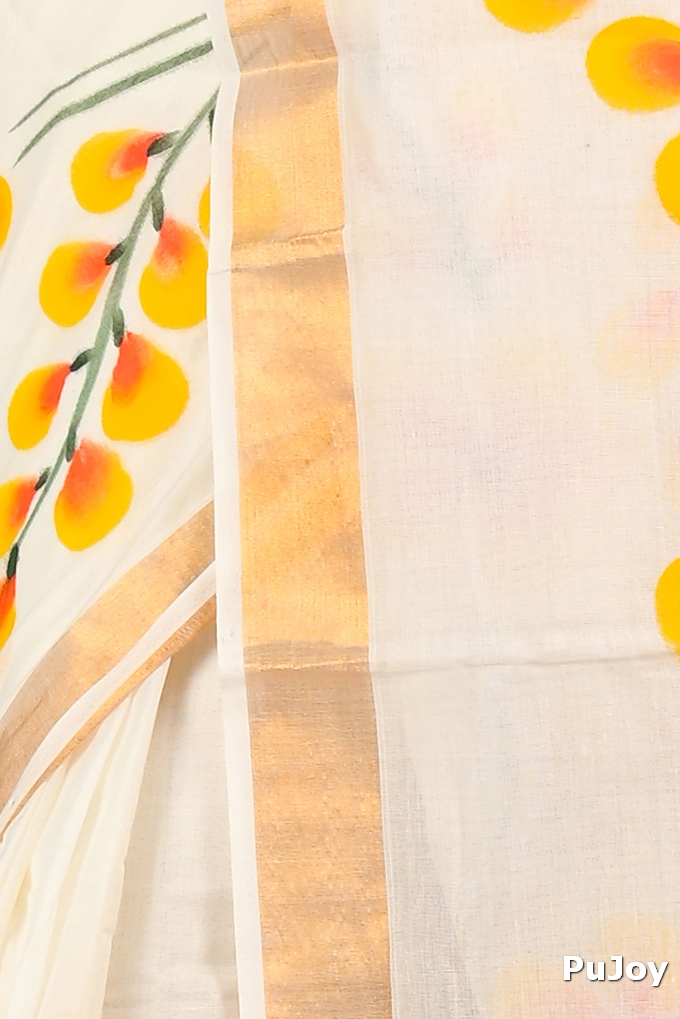 White Pure Cotton Hataka Hand Painted Saree (9064)