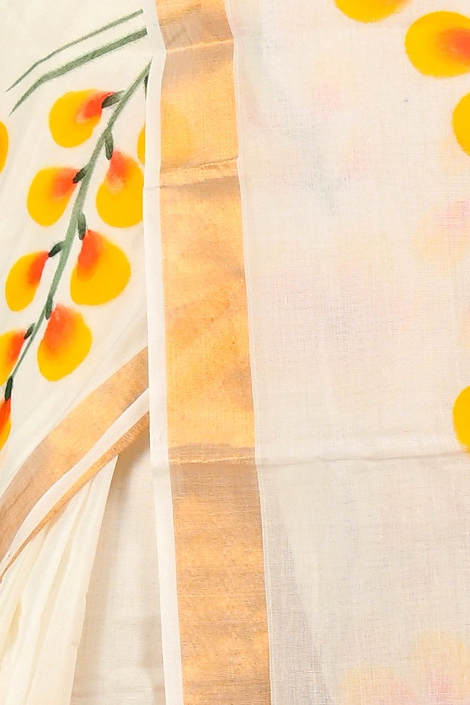 White Pure Cotton Hataka Hand Painted Saree (9064)