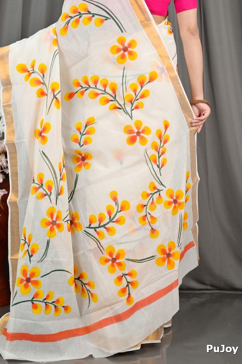 White Pure Cotton Hataka Hand Painted Saree (9064)