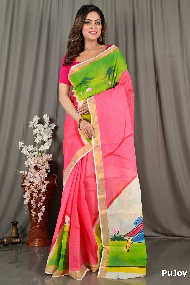 Pink White Pure Cotton Hataka Hand Painted Saree (9065)
