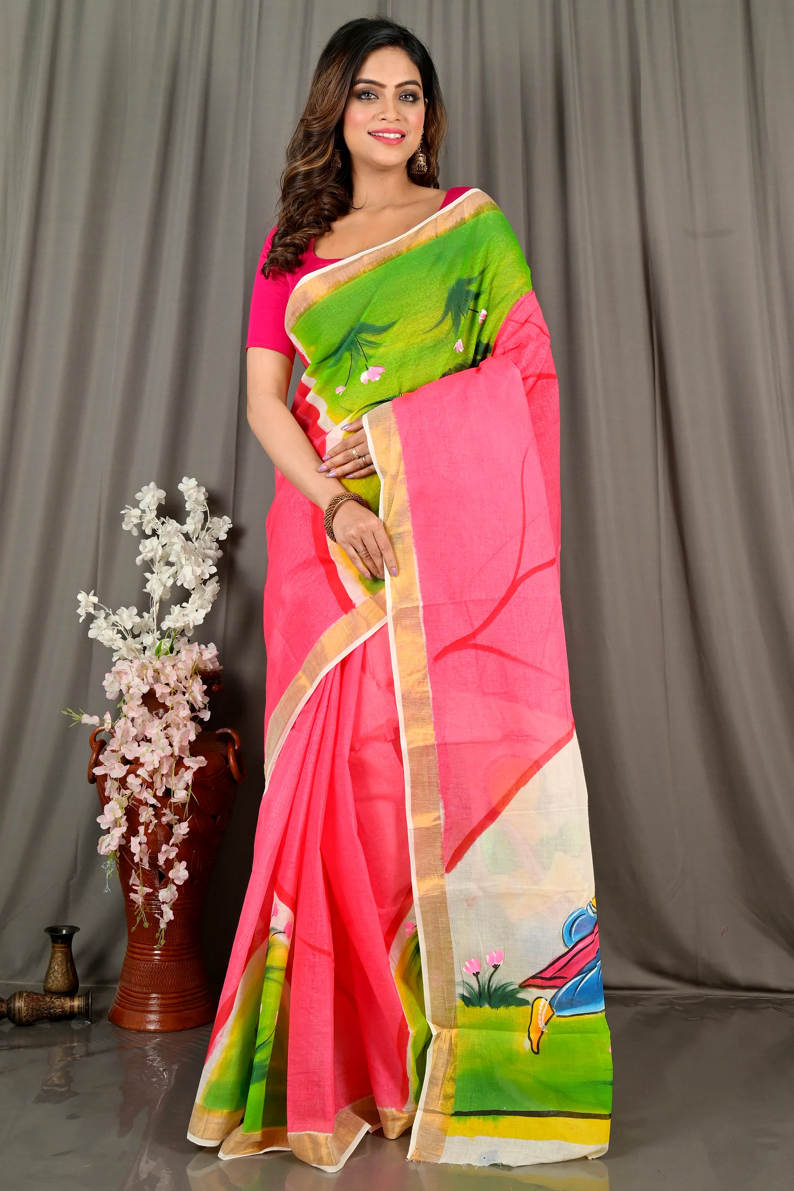Pink White Pure Cotton Hataka Hand Painted Saree (9065)