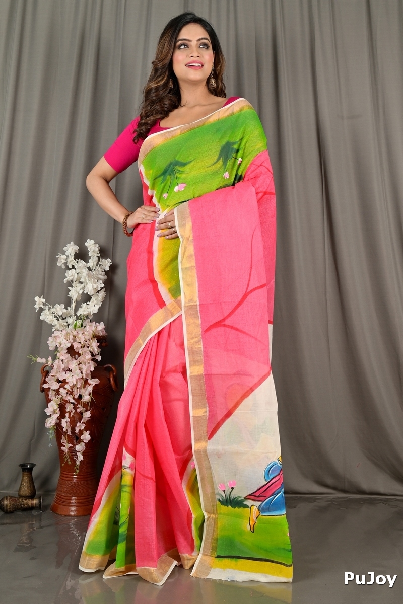 Pink White Pure Cotton Hataka Hand Painted Saree (9065)