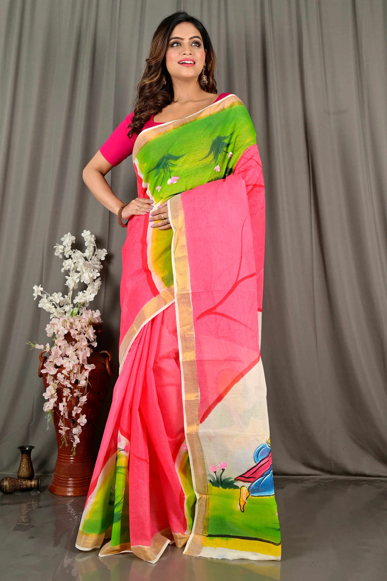 Pink White Pure Cotton Hataka Hand Painted Saree (9065)