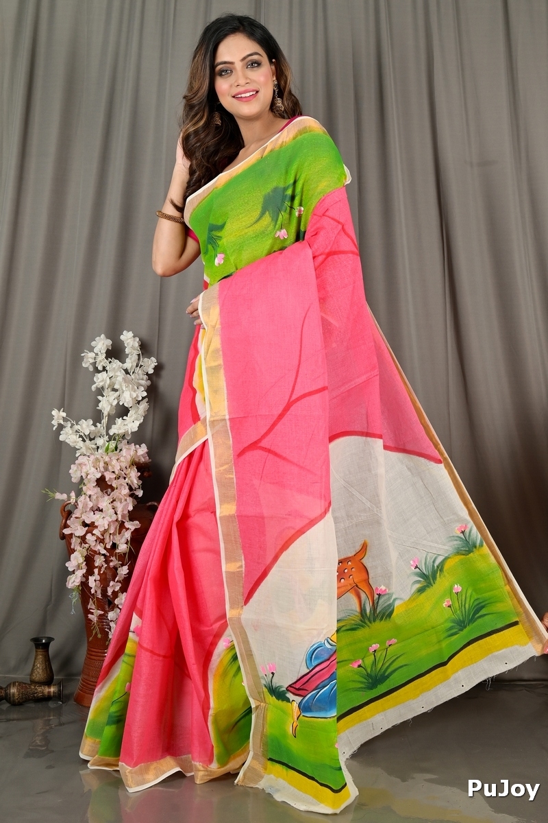 Pink White Pure Cotton Hataka Hand Painted Saree (9065)