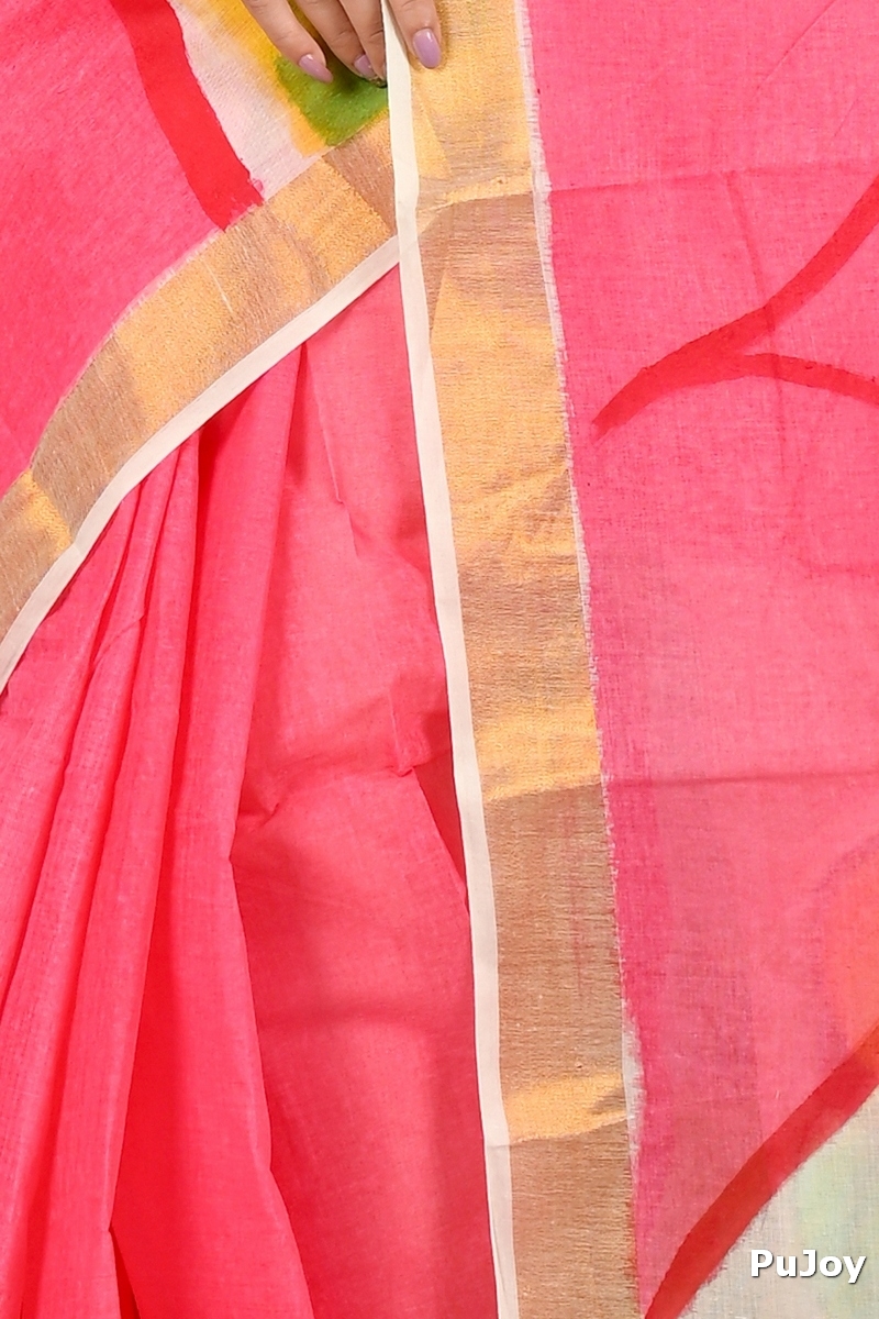 Pink White Pure Cotton Hataka Hand Painted Saree (9065)
