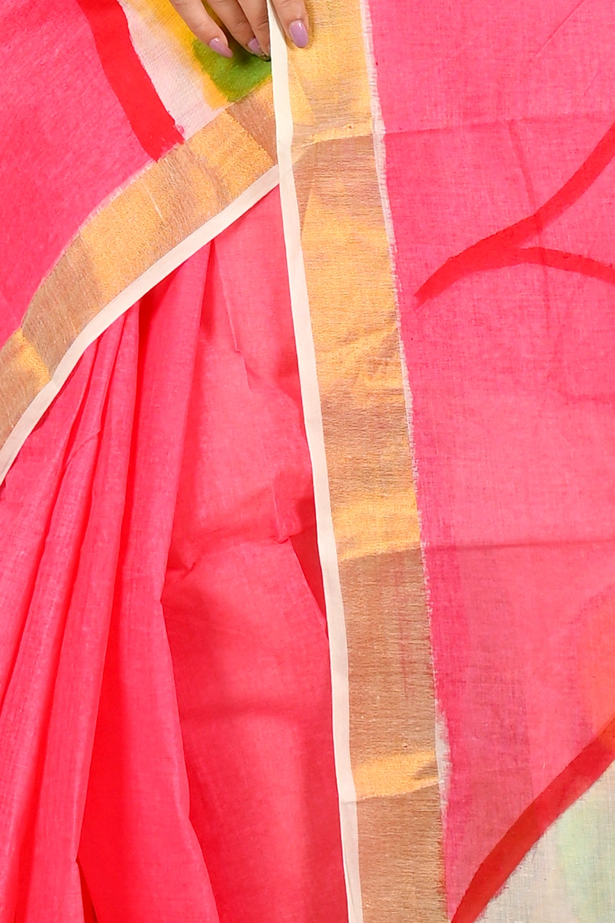Pink White Pure Cotton Hataka Hand Painted Saree (9065)