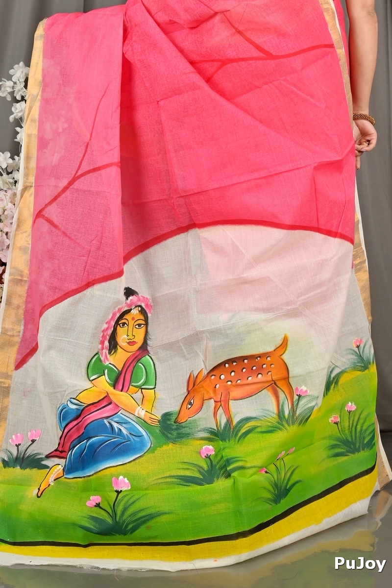 Pink White Pure Cotton Hataka Hand Painted Saree (9065)