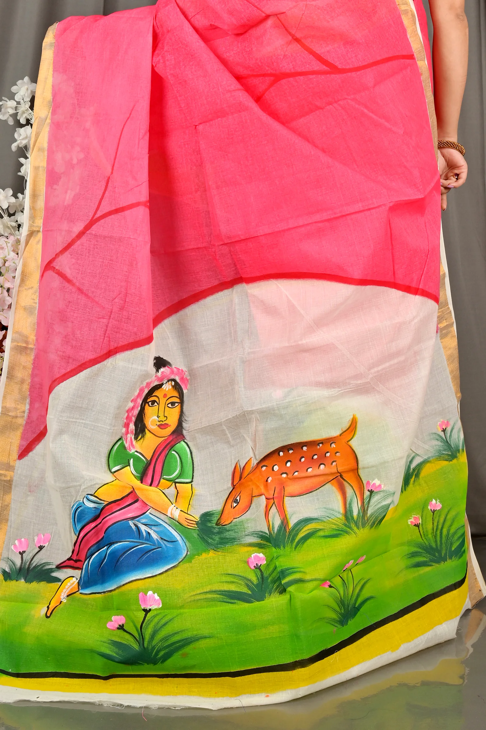 Pink White Pure Cotton Hataka Hand Painted Saree (9065)
