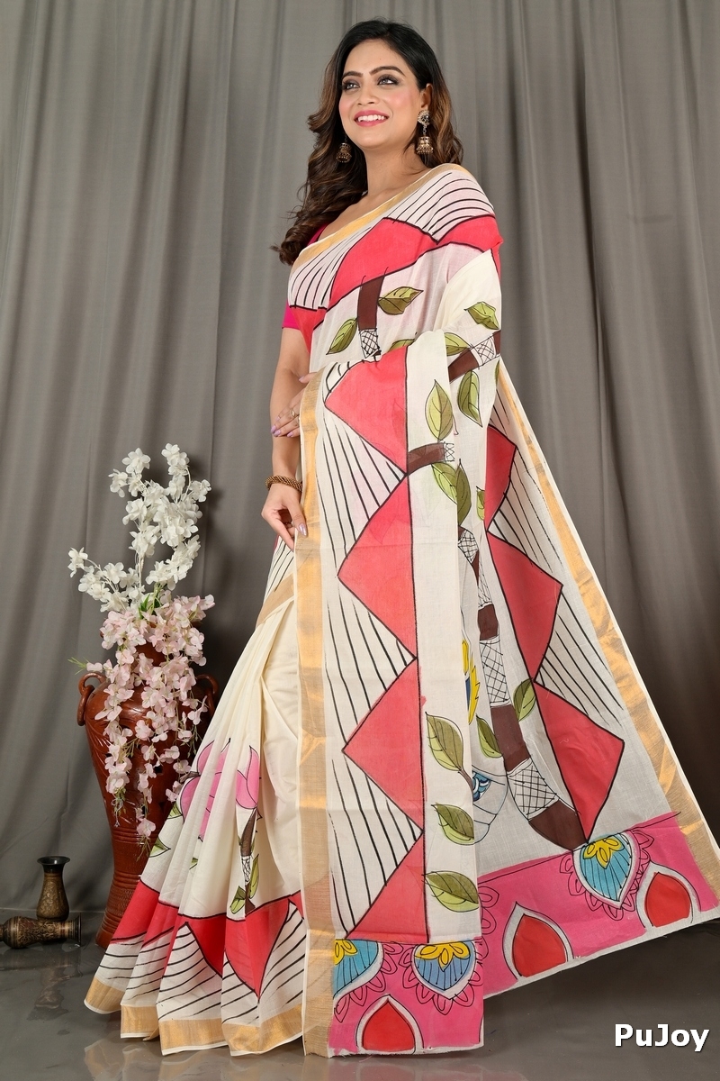 Multi-Coloured Pure Cotton Hataka Hand Painted Saree (9066)