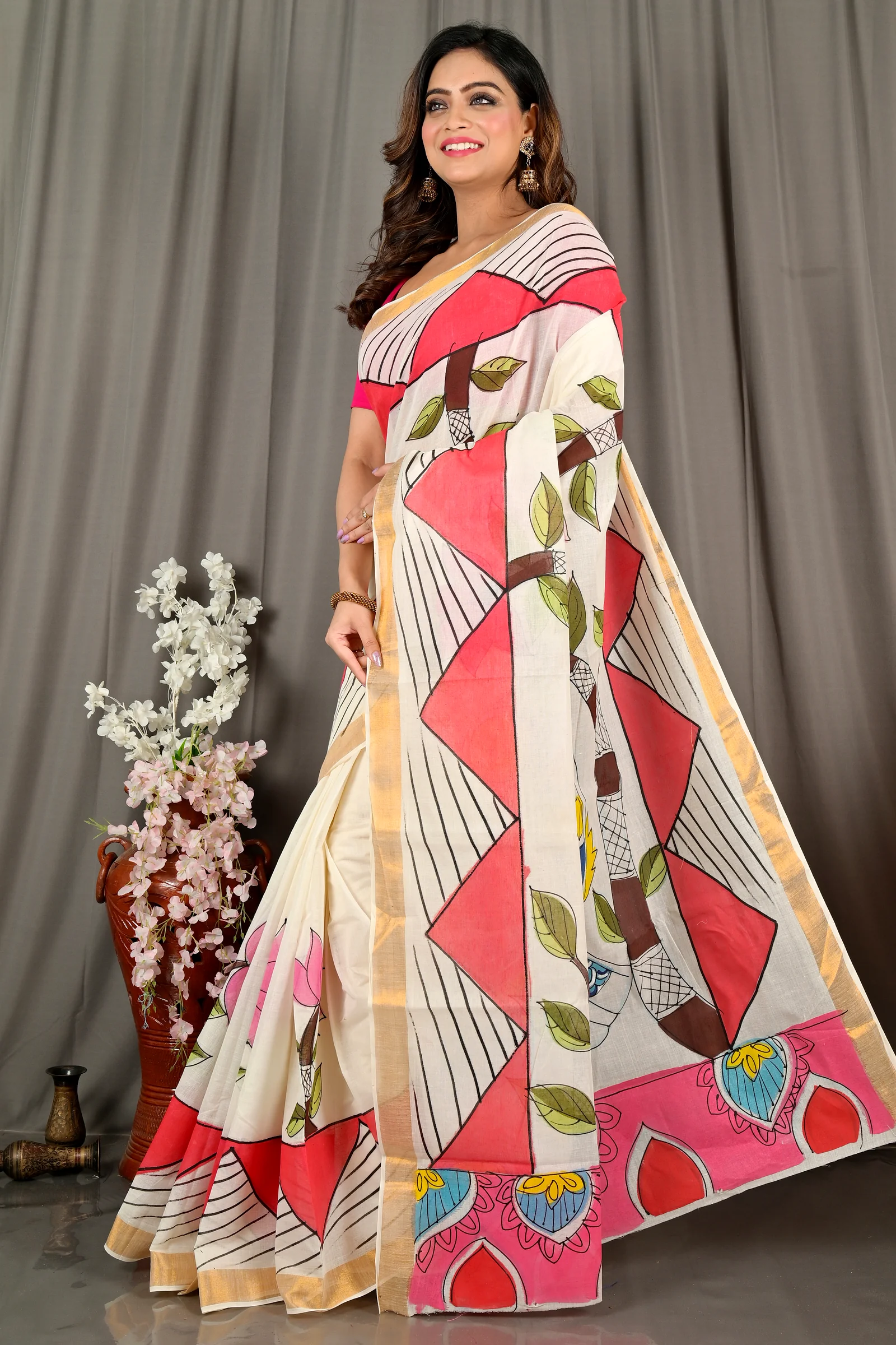 Multi-Coloured Pure Cotton Hataka Hand Painted Saree (9066)