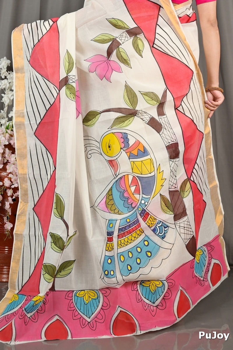 Multi-Coloured Pure Cotton Hataka Hand Painted Saree (9066)