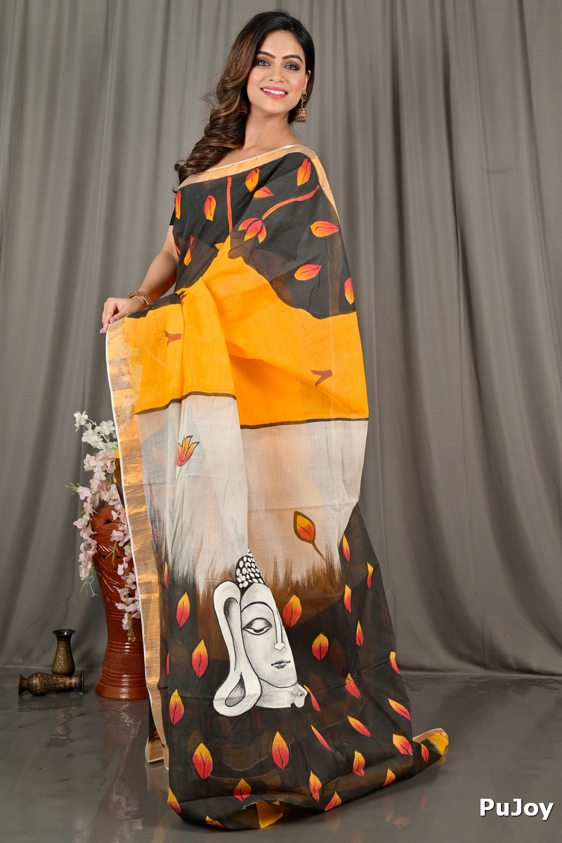 Black Orange Pure Cotton Hataka Hand Painted Saree (9067)
