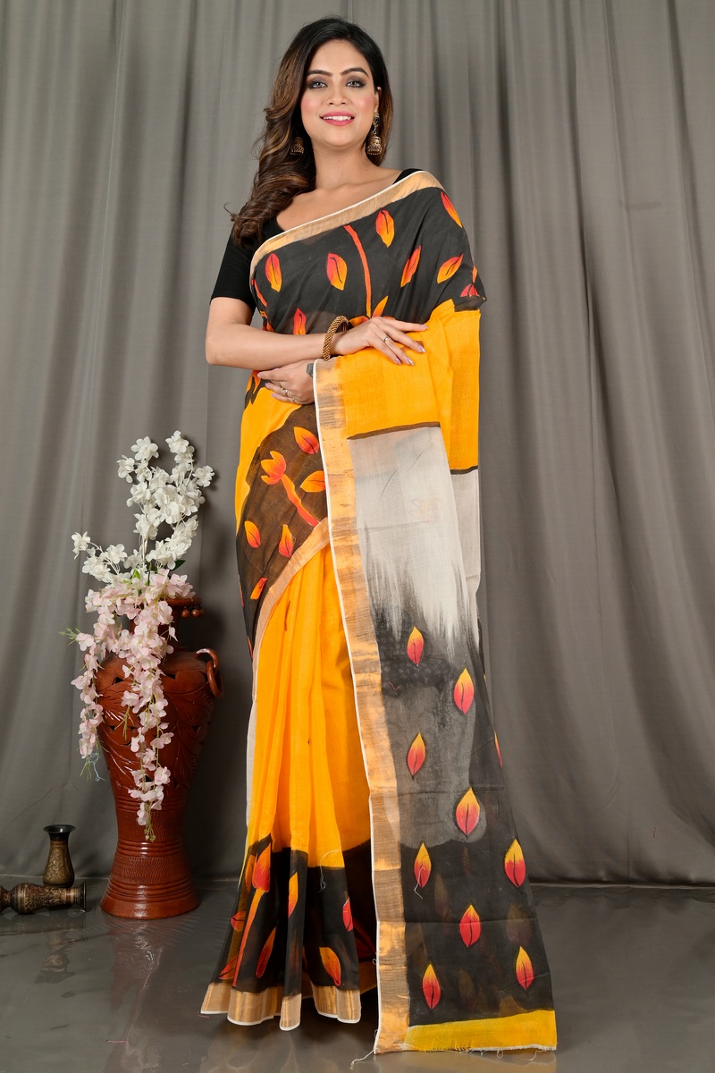 Black Orange Pure Cotton Hataka Hand Painted Saree (9067)