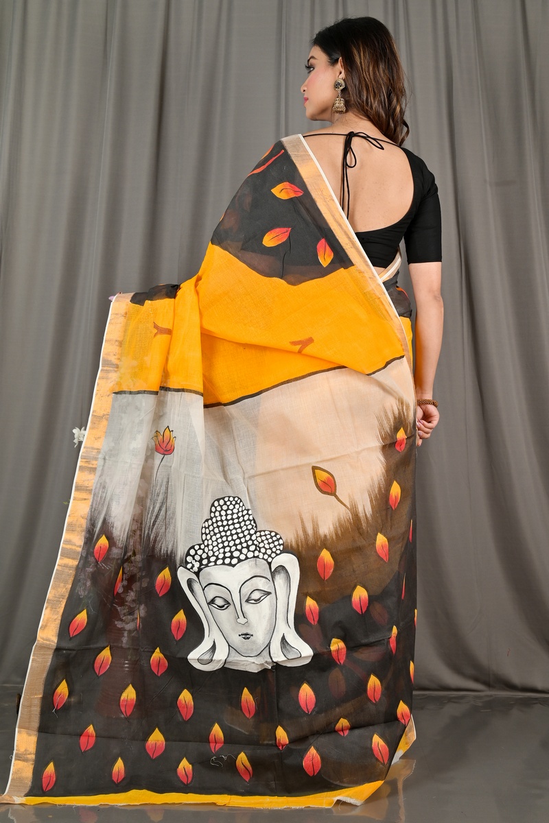 Black Orange Pure Cotton Hataka Hand Painted Saree (9067)