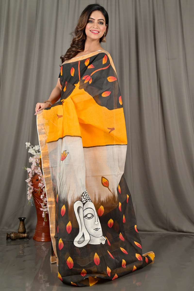 Black Orange Pure Cotton Hataka Hand Painted Saree (9067)