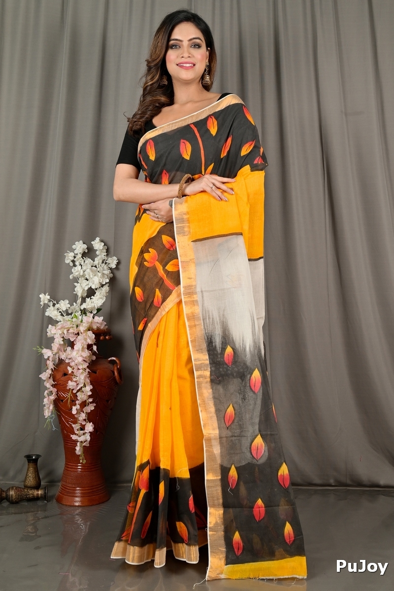 Black Orange Pure Cotton Hataka Hand Painted Saree (9067)