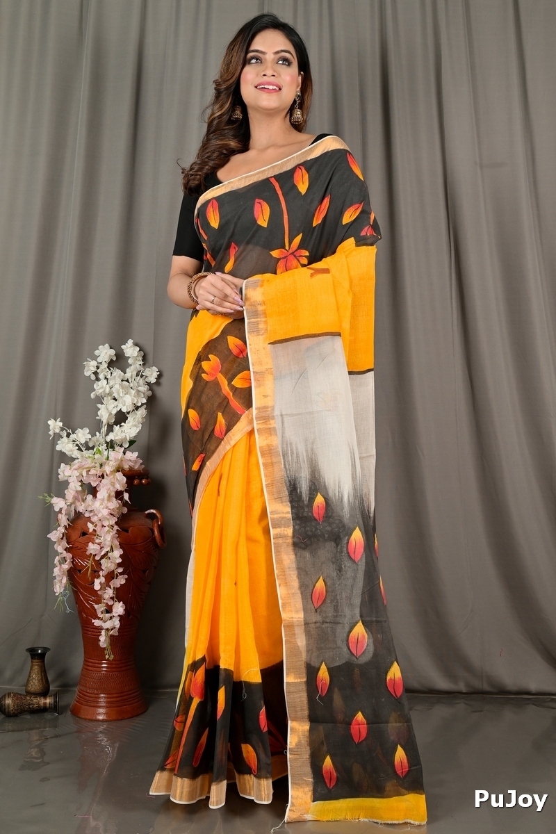 Black Orange Pure Cotton Hataka Hand Painted Saree (9067)