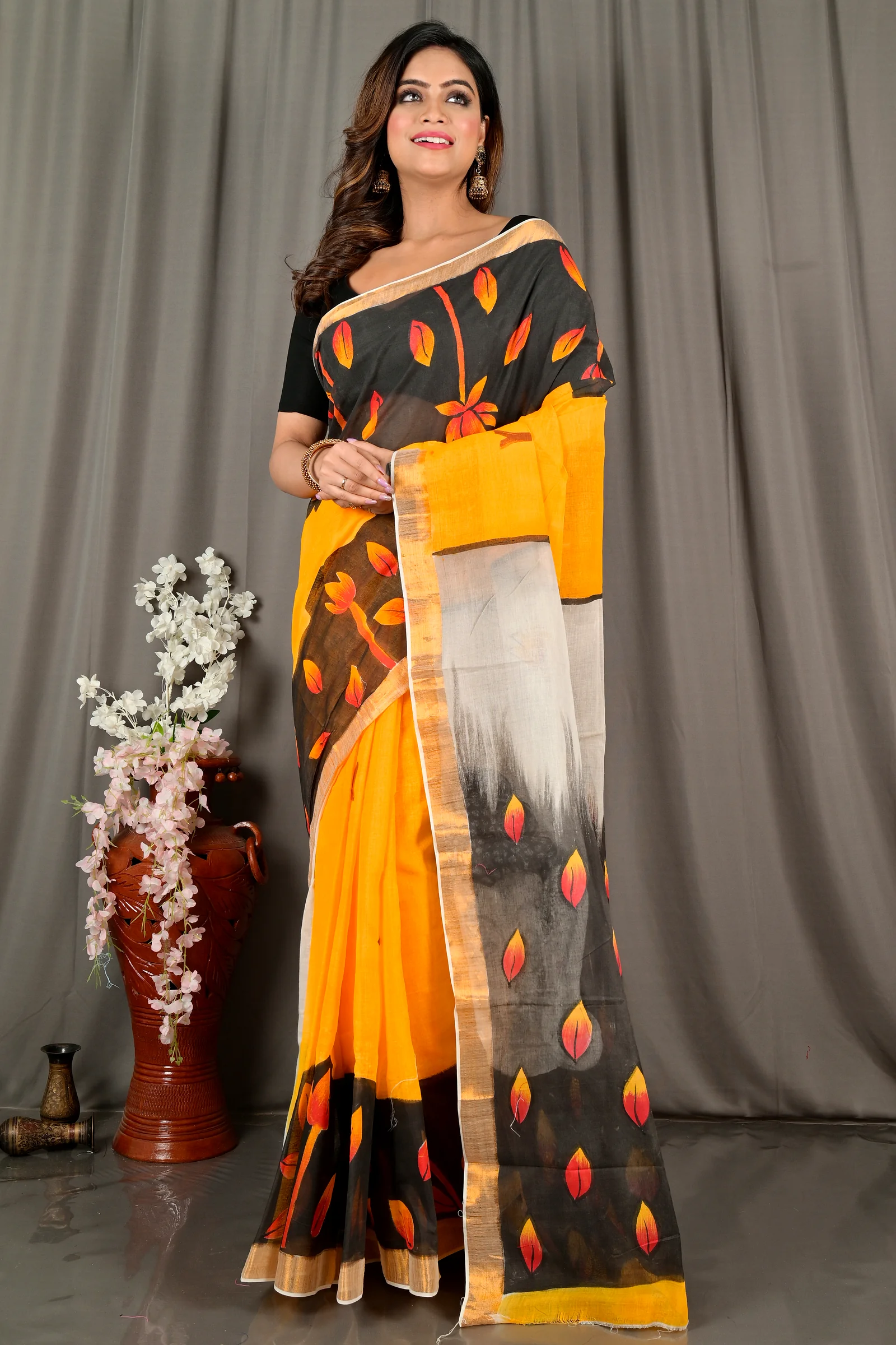 Black Orange Pure Cotton Hataka Hand Painted Saree (9067)