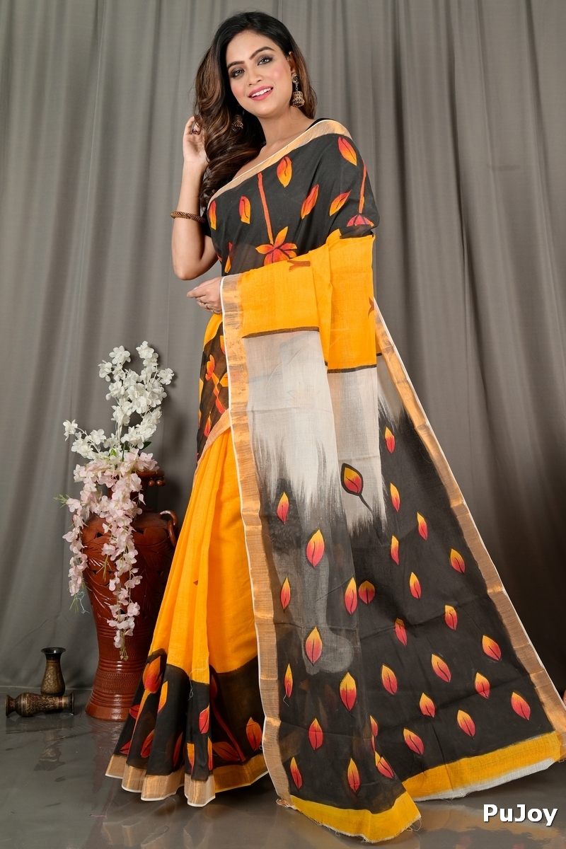 Black Orange Pure Cotton Hataka Hand Painted Saree (9067)