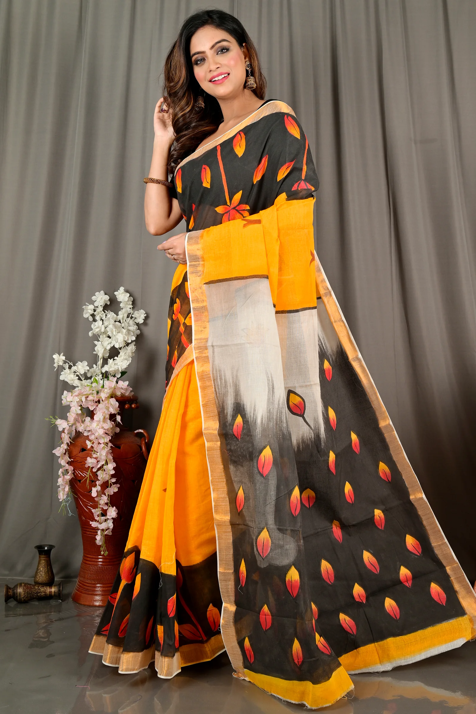 Black Orange Pure Cotton Hataka Hand Painted Saree (9067)